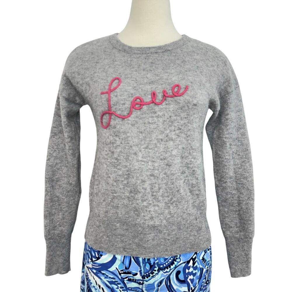 Magaschoni Cashmere Crewneck Sweater Long Sleeve Heather Gray “Love” Script S